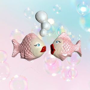 Small PINK Fish + Bubbles Chalkware SET
